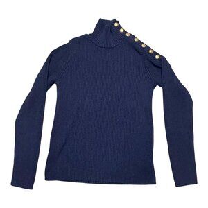 Ralph Lauren Womens Navy Blue Ribbed Turtleneck Sweater Nautical Gold Button M